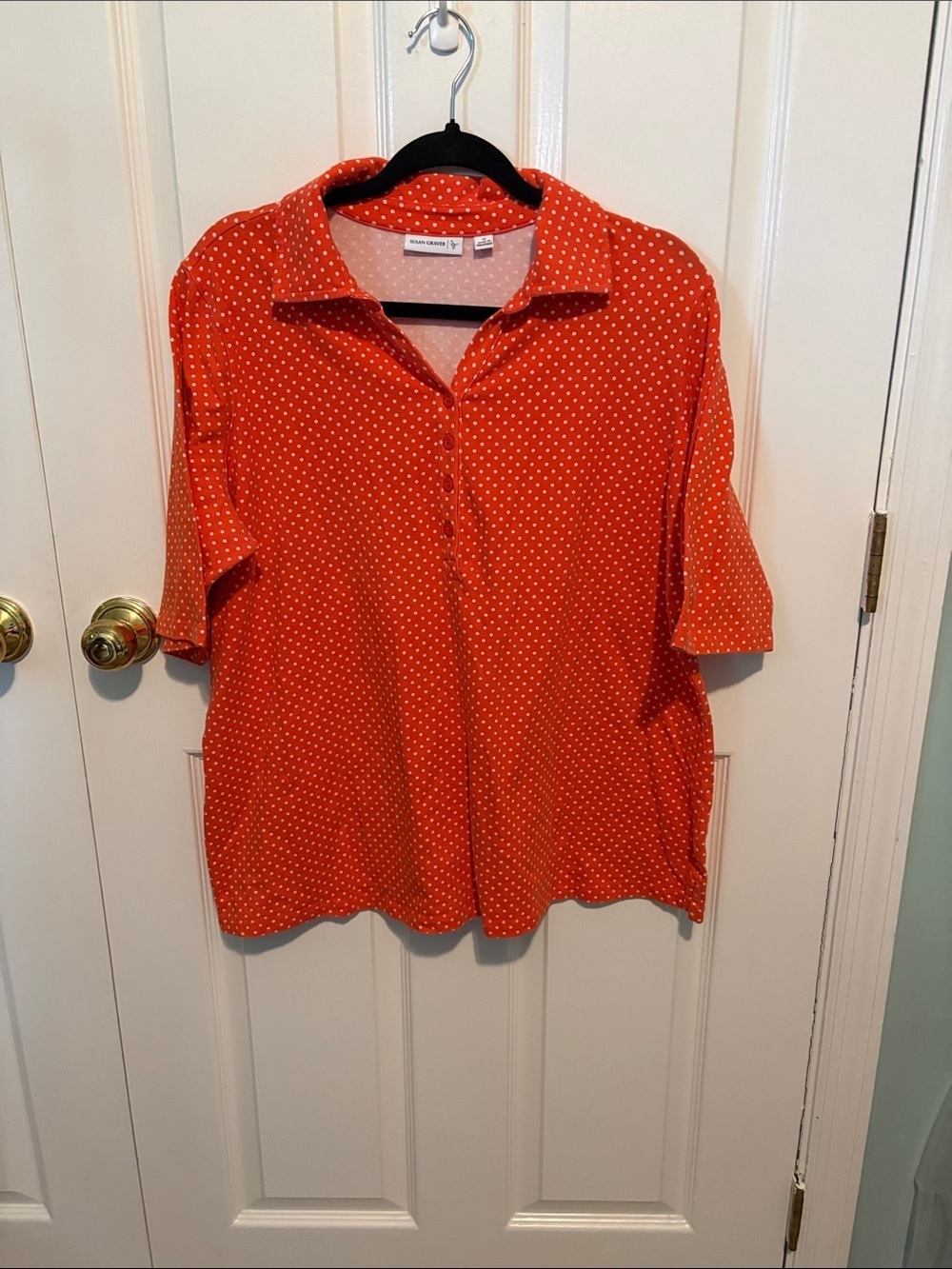 Susan Graver Orange Polka Dot Button-Front Top